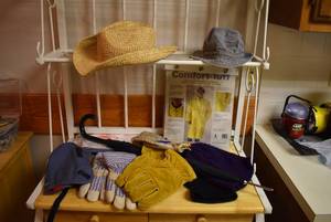lot 2127 image: Lot of Outdoor Inclement Weather Gear -Leather Gloves, Streaw Hat, Umbrella, Rain Poncho