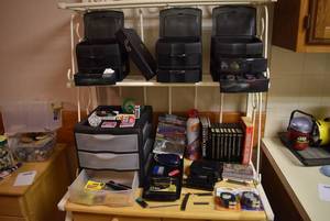 lot 2133 image: Office Organizers & Supplies - Pens, X-acto Knives, Razor, Dymo Labels, Tape & More