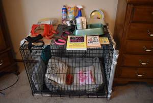 lot 2110 image: Collapsible Dog Crate w. Assorted Dog Items, Leashes Grooming Items, Toys & More-36x24x27