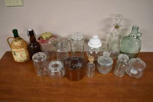 lot 2147 image: Lidded Containers, Antique Baby Bottle, Jars w. Wire Bale Lids, Decanters & More