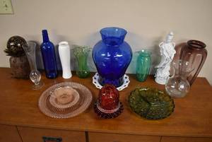 lot 2149 image: Collection of Colored Glass Items -Ruffled Edge Fairy Lamp, Red, Green Divided Tray, Pink Depression Glass Plates & Cup, Vases & More
