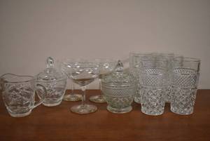 lot 2150 image: Lot of Clear Pattern Glass -6 Tumblers, Lidded Sugars & Creamer, & 3 Wine Glasses