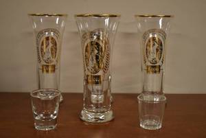 lot 2151 image: Set of 3 Coors Brewing Company Beer Pilsner Glasses w Gold Trim & Shot Glasses