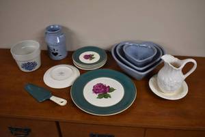 lot 2152 image: Lot of Stoneware Ceramic Items, Pfaltzgraf Pot (chipped) Vanity Pitcher & Bowl, Plates, & Blue Nesting Bowls
