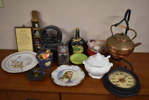 lot 2154 image: Lot of Decor -Copper Kettle, Thermometor, Plates, & More