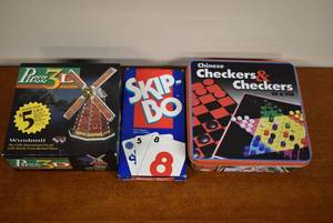 lot 2159 image: Lot of Travel Games -Skip-Bo, Checkers & Chess, & 3D Puzzle
