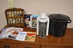 lot 2163 image: Kitchenware -Large Graniteware Enamel Canning Pot, Spice Rack, Cookbooks, Juicer & More