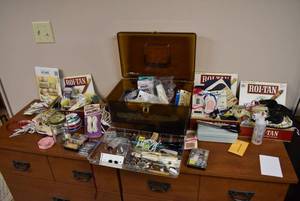 lot 2164 image: Box of Sewing Notions, Machine Bobbins, Thread, Pinking Shears, & More