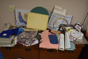 lot 2166 image: Lot of Fabric, Sewing Items, Cross Stitch Rings, &amp More