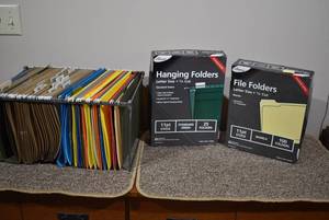 lot 2182 image: Office Supplies, Hanging File Folders, & Cardboard File Box
