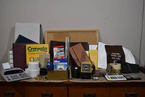 lot 2189 image: Lot of Office Supplies, Adding Machine, Bulleting Board, Calculators, Staplers, Bank Bags, Paper, Measuring Tapes & More