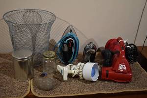 lot 2190 image: Dirt Devil Vacuum, Irons, Clip On Lamp, Wastepaper Basket & More