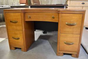 lot 2213 image: Vintage Wooden Desk -In Basement Bring Help to Load.