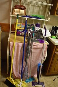 lot 2222 image: Lot of Cleaning Supplies Swiffer, Brooms, Mop, Etc.