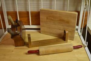 lot 2234 image: Kitchen Tools -Knife Block Paper Towel Holder, Cutting Board, Rolling Pin