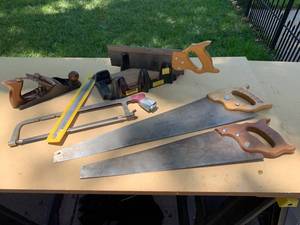 lot 2260 image: Lot of Woodworking Tools, Hand Saws, Plane, Hacksaw, Miter Box