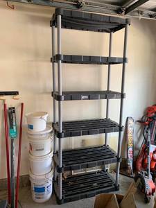 lot 2380 image: Plastic Garage Shelves - Approximately 7 x 3 x 18