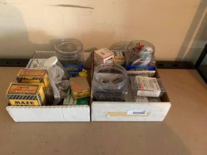 lot 2382 image: Lot of Fasteners, Boxes of Nails, Screws, and staplers & 3 Buckets of Assorted Fasteners
