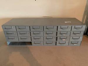 lot 2385 image: 34 x 10.5 x 11 24 Drawer Metal Parts Cabinet Organizer (2 drawers missing) Full of Tools and Goodies -See Photos