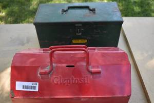 lot 2328 image: Two Toolboxes -One Red Metal and One Green Heavy Metal Box Marked Harper Trucks