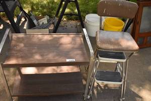 lot 2332 image: Rolling Metal Cart & Cosco Stepstool Chair - Some Paint on Chair