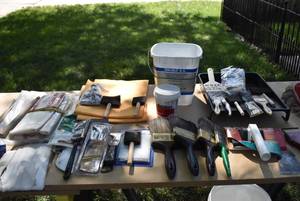 lot 2345 image: Lot of Paint Supplies, Brushes, Drop Cloth, Scrapers & More
