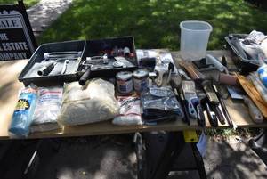 lot 2346 image: Lot of Paint Supplies, Brushes, Drop Cloth, Rollers & More