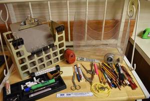 lot 2387 image: Lot of Office Items - Clipboard, Pens, Pencils, Organizer Trays, Pencil Sharpener