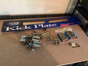 lot 2383 image: Brass Door Hinge Hardware and Kick Plate for Commercial Door