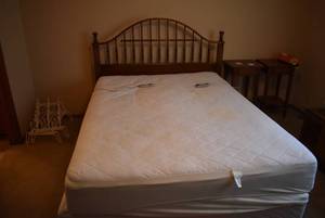 lot 2038 image: Queen Size Bed Frame Oak Headboard & Adjustable Mattress -Mattress Has Stains