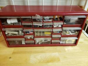 lot 2288 image: Red Parts Cabinet w. Drawers Organizer w. Contents -Lots of Goodies Inside See Photos