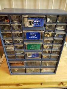 lot 2290 image: Gray Parts Cabinet w. Drawers Organizer w. Contents -Lots of Goodies Inside See Photos