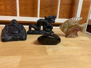 lot 2027 image: Collection of Carved Pieces -Buddha & Dragon Figurine, Painted Rock, & Carved Stone Fish