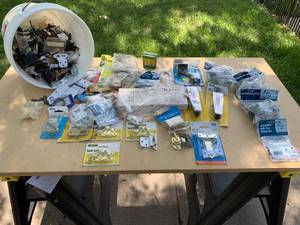lot 2374 image: Bucket of Door Fasteners, Hinges, Gate Locks, & Hardware