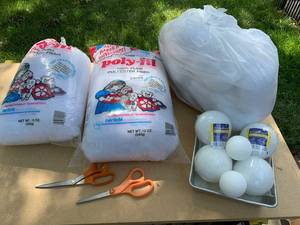 lot 2393 image: Three Bags of Poly-Fll Material, Scissors, & Styrofoam craft balls