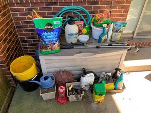 lot 2414 image: Plastic LawnGarden Box full of Gardening Tools, Chemicals, & Supplies