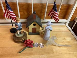 lot 2423 image: Lot of Collectible Items, School Building, Desk Flags, Schmid Music Box (Plays Chim Chim Chiree) Porcelain Flower & Glass Flower