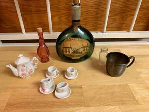 lot 2425 image: Lot of Collectibles -Bottles, Decanter, Silverplate Cup, mini-tea set