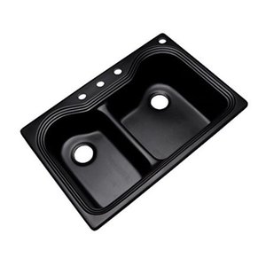 lot 2076 image: dekor sinks 56499q buckingham composite granite double bowl kitchen sink with four holes, 33-inch, black