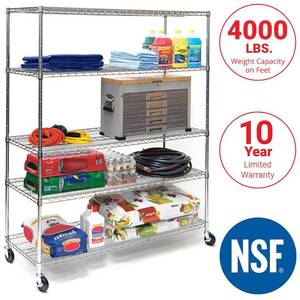 lot 2114 image: seville classics mega rack ultradurable commercial-grade 5-tier nsf-certified steel wire shelving with wheels, 60 w x 24 d, chrome