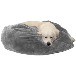 lot 72829 image: Furhaven Pet Dog Bed  Round Plush Faux Fur Refillable Ball Nest Cushion Pet Bed w Removable Cover for Dogs & Cats, Gray Mist, Jumbo