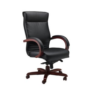 lot 73749 image: Mayline Napoli High Back Leather Task Chair with Arms, Sierra Cherry Veneer, Black Leather (CHAIR ARMS SCUFFED)