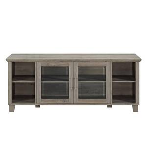 lot 73761 image: Walker Edison Furniture Company Farmhouse Glass and Wood Stand with Cabinet Doors for TVs up to 65 Living Room Storage Shelves Entertainment Center, 58, Grey Wash