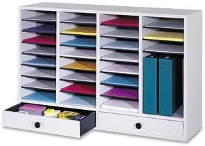 lot 73785 image: Safco Products Wood Adjustable Literature Organizer, 32 Compartment with Drawers, 9494GR, Grey, Durable Construction, Removable Shelves, Stackable