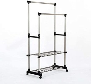 lot 73796 image: SUNPACE Clothing Garment Rack Adjustable Height Double Hanging Rail with Two-Tier Shelves SUN004