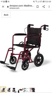 lot 78385 image: Medline Lightweight Transport Wheelchair with Handbrakes, Folding Transport Chair for Adults has 12 inch Wheels, Red