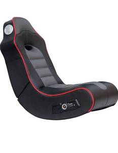 lot 78819 image: X Rocker Surge Wireless Bluetooth 2.1 Sound Rocking Video Gaming Floor Chair, 2 Speakers, Subwoofer, Bonded Faux Leather, Foldable - Black with Red Piping, 5172601