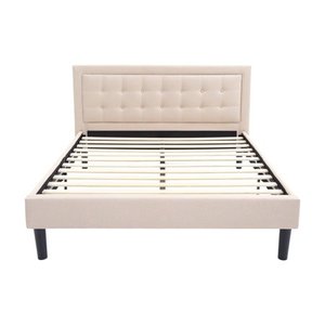 lot 73827 image: Classic Brands Mornington Upholstered Platform Bed  Headboard and Metal Frame with Wood Slat Support, Queen, Linen