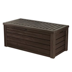 lot 73873 image: Keter Westwood 150 Gallon Resin Large Deck Box-Organization and Storage for Patio Furniture, Outdoor Cushions, Garden Tools and Pool Toys, Brown