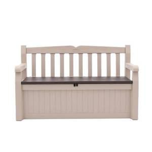 lot 73897 image: Keter Eden 70 Gallon Storage Bench Deck Box for Patio Furniture, Front Porch Decor and Outdoor Seating �� Perfect to Store Garden Tools and Pool Toys (MISSING HARDWARE)